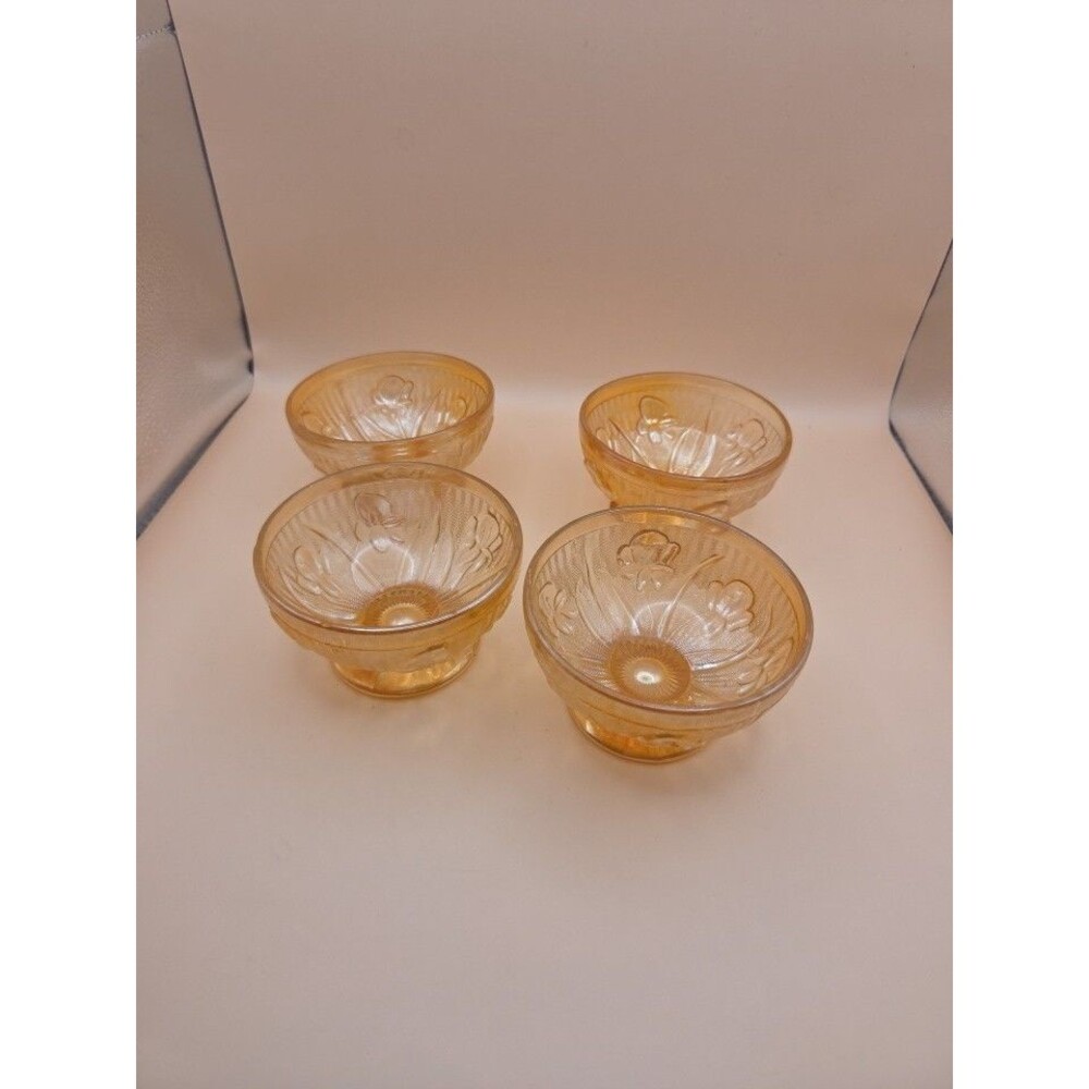 Jeannette Glass IRIS & HERRINGBONE Marigold Iridescent Set 4 Sherbet *READ*